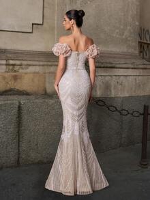 Faeriesty Off-Shoulder Mermaid Gown With Floral Beading, Ruffled Sleeves, Sheer Embroidered Skirt, Perfect For Formal Dinners, Weddings, Bridal Photo Shoots - Apricot - View 3