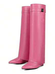Women's Knee High Fold Over Slouchy Shark Boots Wedges High Heels Pointed Toe Fashion Padlock Buckle Pull On Party Sexy Boots Woman - Pink - View 6