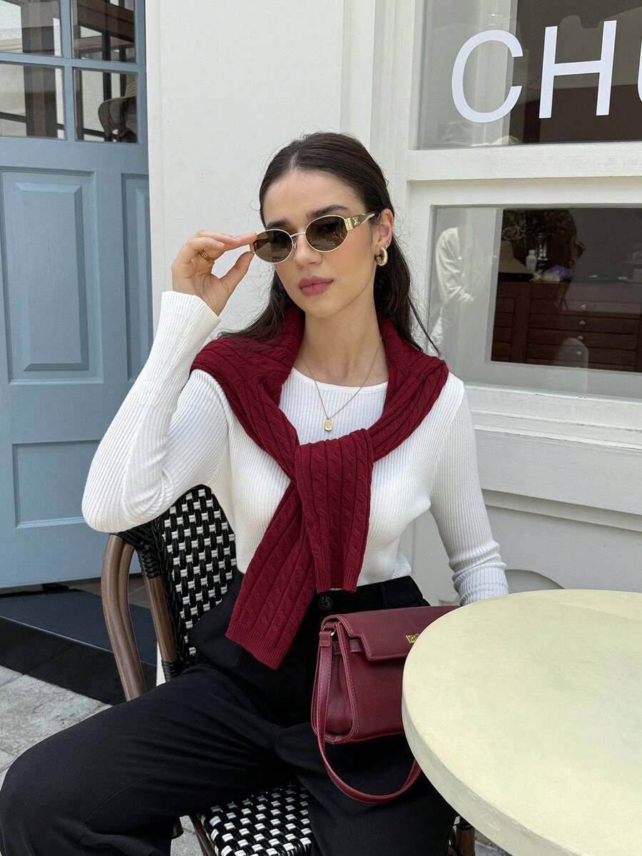 FOR BEAUTY Women's White Crew Neck Ribbed Long Sleeve Knit Sweater, Fashionable & Minimalist, Versatile & Elegant, Suitable For Daily Wear, Commuting, Autumn/Winter, New Year, Valentine's Day - White - View 1