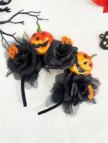 1 pieza Diadema de mujer de Halloween con diseño 3D de calabaza y rosa negra de malla, accesorio de fiesta, diadema para mujeres, regalo de accesorios de belleza para el hogar, aro para el cabello, esencial de disfraces de Halloween - calabaza - Ver 3