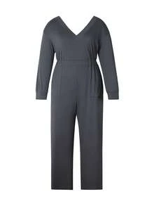Plus Size Women's Casual Solid Color V-Neck Waist Cinched Long Sleeve Jumpsuit