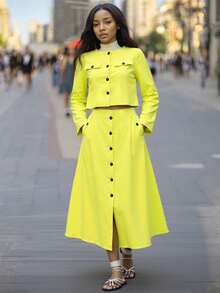 2pcs/Set Autumn/Winter Round Neck Long Sleeve Cardigan Top And Single-Breasted Pocket Skirt Casual Chic Outfit