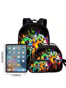 游戏手柄图案印花背包三件套（单层背包+肩带午餐袋+单层笔袋） - 黑色 - 查看 7