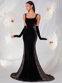 ADYCE 女士优雅粗肩带蕾丝拼接麂皮露背长裙，适合舞会、婚礼宾客、返校节、约会之夜、正式晚宴、生日派对、节日派对、家庭聚会（不含手套）、新年等场合。黑色春季款 - 黑色 - 查看 6