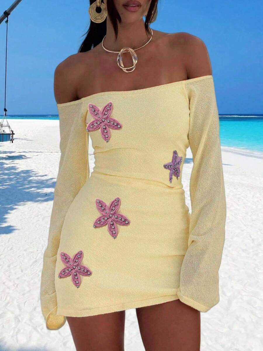 Beach Knitted Mini Dress For Women Y2k Off The Shoulder Long Sleeve Starfish Sequin Bodycon Dress Going Out Sheer Dresses Summer Beach Vacation Bikini Coverups Clothes - Màu vàng - Xem 1