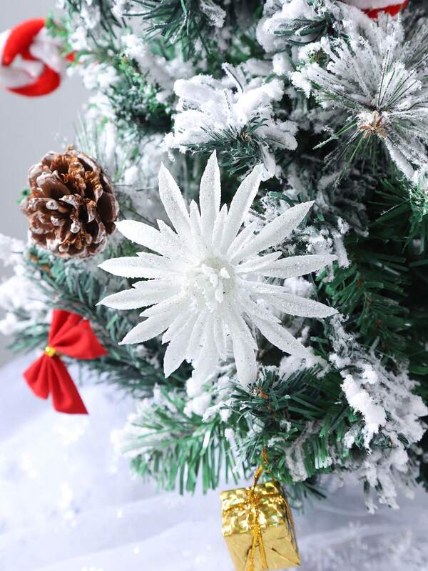 6pcs/12pcs/18pcs Sparkling Artificial Christmas Flowers With Clips And Stems DIY Wreath Christmas Tree New Year Wedding Decoration Home Decor Christmas Decorations Room Decor Winter