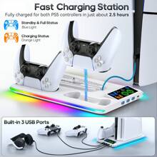 Game Stand For PS 5 Console, Playstation PS 5 Slim Pro Support Base Holder With Cooler Fan, RGB Gaming Accessories Including Controller, Headphone And Charger