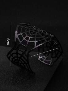 1 pièce Bracelet en métal lisse personnalisé et minimaliste à manchette ouverte exagérée, design de toile d'araignée creux rétro de niche, accessoire de bijoux d'Halloween - Noir - Voir 4