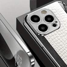 Advanced Black And White Leather Textured Silver Plated Phone Case (Suitable For IPhone 11,12,13,14,15,16 Plus Pro Promax  Galaxy S25 24 23 22 21 S20FE PLUS ULTRA A05 A06 A14 A15 A16 A24 A25 A26 A34 A35 A36 A54 A55 A56)  Brand New Fashionable, Minimalist Design, Cute Couple Protective Case - 銀色 - 查看 4
