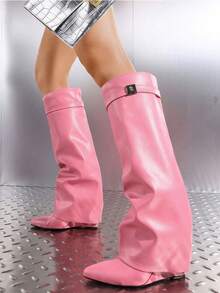 Women's Knee High Fold Over Slouchy Shark Boots Wedges High Heels Pointed Toe Fashion Padlock Buckle Pull On Party Sexy Boots Woman - Pink - View 3