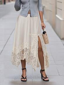 Women's Long Skirt Loose Fit Stylish Solid Color Lace Flower Hem Slit Low Rise Skirt For Summer - White - View 3