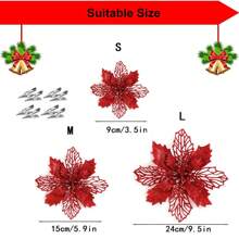 1/10 piezas Decoración de flores de Flor de Pascua con lentejuelas y clips, hojas de malla con brillo dorado rosa, flores de Flor de Pascua artificiales para árbol de Navidad, decoraciones navideñas y de Año Nuevo, flores de Navidad artificiales brillantes para árbol de Navidad dorado rosa, decoración de mesa de boda (Rojo)