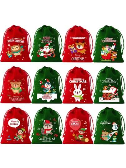 12 piezas Bolsas de terciopelo con cordón navideñas, de 10*12cm, con estampados navideños que incluyen Papá Noel, árbol de Navidad, calcetines, muñeco de nieve, hombre de jengibre, adecuadas para empacar regalos de Navidad, dulces, decoraciones de fiesta, Navidad, decoraciones navideñas, pijamas navideños, regalos de Navidad, decoración navideña