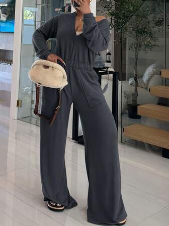 Plus Size Women's Casual Solid Color V-Neck Waist Cinched Long Sleeve Jumpsuit