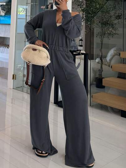 Plus Size Women's Casual Solid Color V-Neck Waist Cinched Long Sleeve Jumpsuit