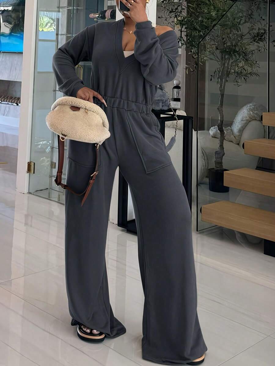 Plus Size Women's Casual Solid Color V-Neck Waist Cinched Long Sleeve Jumpsuit