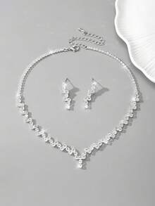 3pcs Set Minimalist Copper Rhinestone & Crystal Necklace & Earrings Jewelry Set, Wedding Accessories