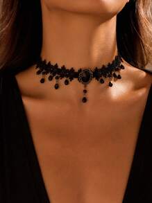 Cuiwrgrs 1件哥特风蕾丝颈链，复古项圈项链，情人节配饰 - 黑色 - 查看 2