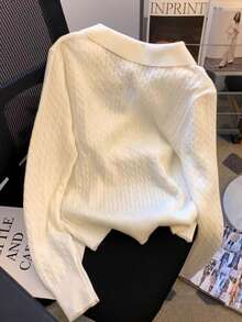 Vera Lane 冬季秋季服装女装骑士刺绣休闲优雅女孩可爱学院风Polo扭纹图案上衣长袖毛衣T恤万圣节约会夜服装女装韩版圣诞毛衣 - 白色 - 查看 10