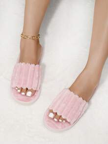 女士时尚蓬松毛绒拖鞋、伴娘拖鞋、冬季轻便室内平底家居拖鞋、毛茸茸的鞋子 - 粉色 - 查看 3