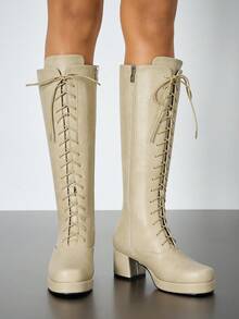 Over-The-Knee Thigh High Lace-Up Boots, Waterproof Platform Tall Boots, High Heel Equestrian Boots, Dance & British Style - Beige - View 1