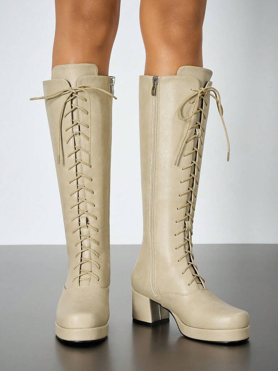 Over-The-Knee Thigh High Lace-Up Boots, Waterproof Platform Tall Boots, High Heel Equestrian Boots, Dance & British Style - Beige - View 1