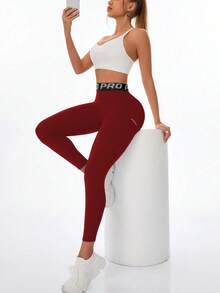 New Arrival Spring/Summer Letter Waist Yoga Pants, Women's Lifting Tummy Control Outer Wear Leggings, Black With Side Pockets Outdoor Casual Versatile Fitness Pants - Suitable For Daily Wear