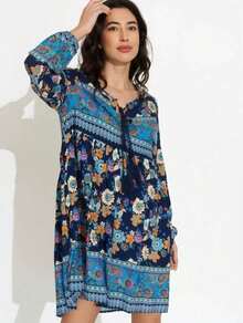 VESTIDO CORTO ESTAMPADO - Azul Marino - Ver 1