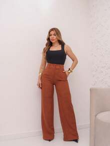 YING ZI Wide Leg Linen Tailored Formal Pants - Rust Brown - View 3