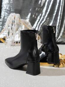 女士小众设计高端后拉链经典粗跟踝靴，时尚别致的英伦风，舒适的切尔西靴 - 黑色 - 查看 6