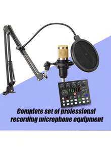 Equipo para podcast BM800, incluye interfaz de audio V8s y micrófono de condensador cardioide, adecuado para portátil, vlog, transmisión en vivo y estudio de grabación - Negro y dorado - Ver 1