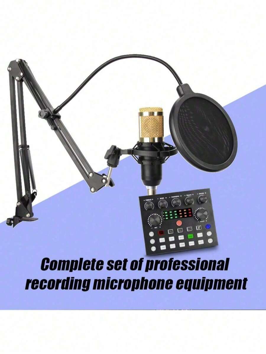 Equipo para podcast BM800, incluye interfaz de audio V8s y micrófono de condensador cardioide, adecuado para portátil, vlog, transmisión en vivo y estudio de grabación - Negro y dorado - Ver 1