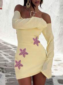 Beach Knitted Mini Dress For Women Y2k Off The Shoulder Long Sleeve Starfish Sequin Bodycon Dress Going Out Sheer Dresses Summer Beach Vacation Bikini Coverups Clothes - Màu vàng - Xem 3