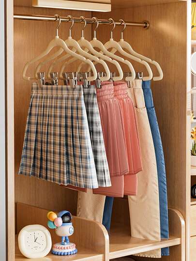 10pcs/5pcs New Plush Clothes Hanger Set, Home Wardrobe Sorting Hanger, Wardrobe Specific Non Marking Anti Slip 2-In-1 Clothes Hanger Support, With Clips For Hanging Tops, Skirts Or Pants, Saves Space, Plush Surface Effectively Anti Slip Protects Clothes, Stainless Steel Structure Strong Bearing Capacity, Suitable For Home Bedroom Clothing Sorting, And Also For Drying Clothes