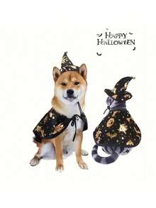 Cute Halloween Cat Witch Costume - Black And Gold Polyester Pet Costume With Wizard Hat And Star Pattern Cape, Includes Matching Collar - Multicolor - View 7