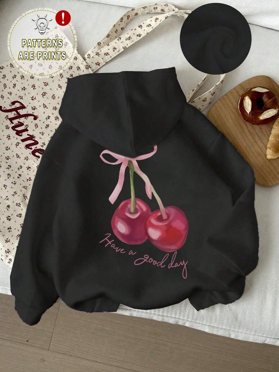 Tween Girls Students Casual Printed Fleece Lined Hooded Sweatshirt Jacket, Suitable For Spring, Autumn And Winter
