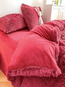 Bright Red Plush Duvet Cover - Eye Catching, Romantic Bed Choice Duvet Cover 3/4 Piece Set -1/2 Pillowcase+1 Duvet Cover, 1 Heart-Shaped Pillow, Twin Bed, Large Size, Extra Large Size (Excluding Pillowcase Core) - Warm And Comfortable, Perfect For Relaxation - 紅色 - 查看 9