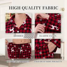 Men 100% Cotton Pajama Set, Soft Warm Button Down Pajama Sets For Men Comfy Plaid Fun Prints Lounge With Pocketshalloween - 布法羅格子-紅鹿 - 查看 5
