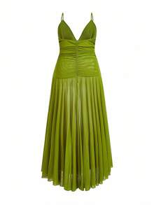 CurvyTilda Tildaharris Plus Size Women Solid Color Ruched Waist Sleeveless Sexy Cami Dress, Beach Outfits, For Hourglass Body Shape - Lime Green - View 3