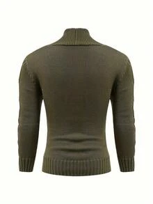 Men's Solid Rib-Knit Long-Sleeved Button-Up Cardigan - 軍綠色 - 查看 3