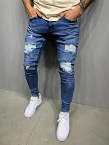 Men's Fashion Distressed Slim Fit Light Wash Denim Jeans