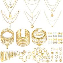 93 Pcs Gold Jewelry Set For Women Costume Jewelry Pack Gold Plated Necklace Bracelet Stackable Ring Earrings Jewelry Pack For Women - 預設 - 查看 1