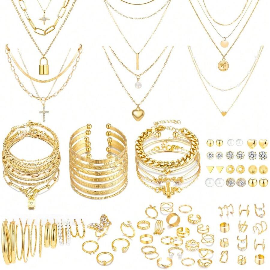 93 Pcs Gold Jewelry Set For Women Costume Jewelry Pack Gold Plated Necklace Bracelet Stackable Ring Earrings Jewelry Pack For Women - 預設 - 查看 1