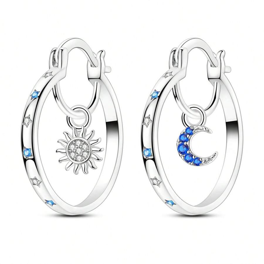 Asymmetric Hoop Earrings - Silver Plated With Shiny Cubic Zirconia, Sun And Moon Design Earrings - Silver - View 1