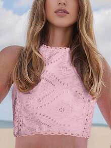 1 pieza Blusa corta sin mangas con bordado floral hueco vintage, patrón floral aleatorio - Rosa - Ver 3