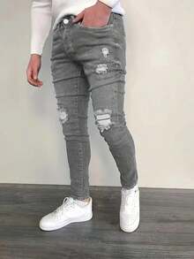 男士美国品牌口袋破洞紧身牛仔裤 - 灰色 - 查看 3