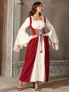 Mittelalterliches Vintage Palast-Stil Kleid, quadratischer Kragen mit Rüschenkante, Glockenärmel, Farbblockdesign mit Taillengürtel, Spitzendekor, Prinzessinnen-Vibe, geeignet für Halloween, Bühnenauftritte, Themenfeiern, Cosplay - Bordeaux - Übersicht 4