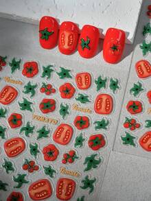1pc 3D Embossed Fresh Tomato Nail Art Sticker, Fruit Theme Pattern, One-Time Self-Adhesive, Suitable For Creative DIY Manicure, Matching Seasonal Style - Red - View 6
