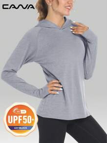 Cavva 女式 UPF50+ 全覆盖连帽长袖上衣，吸湿排汗，轻盈透气，插肩袖，修身廓形，拇指孔袖口，跑步、徒步、旅行 - 淺灰色 - 查看 1