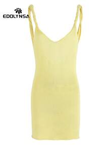 性感奶油黄沙滩迷你裙2025女式夏季泳衣罩衫别致吊带V领无袖节日派对连衣裙